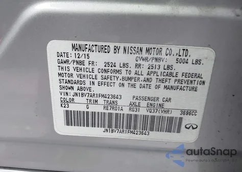 2015 Infiniti Q50 z USA, uszkodzony, nr VIN JN1BV7AR1FM423643